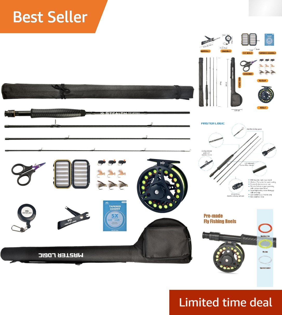 Stealth Fly Fishing Rod Combo Kit, 4-Pc Carbon Fiber Set with Reel & Accessories