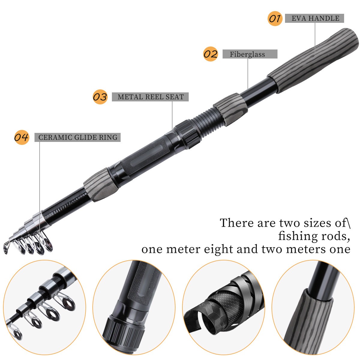 Telescopic Sea Fishing Rod Fiberglass Portable Lightweight 1.8m/2.1m Short Pole