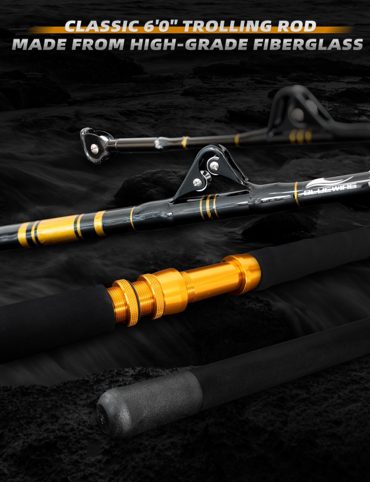 BLUEWING 6??0?? Classic Trolling Fishing Rod 1pc Fiberglass Rod Moderate Fast