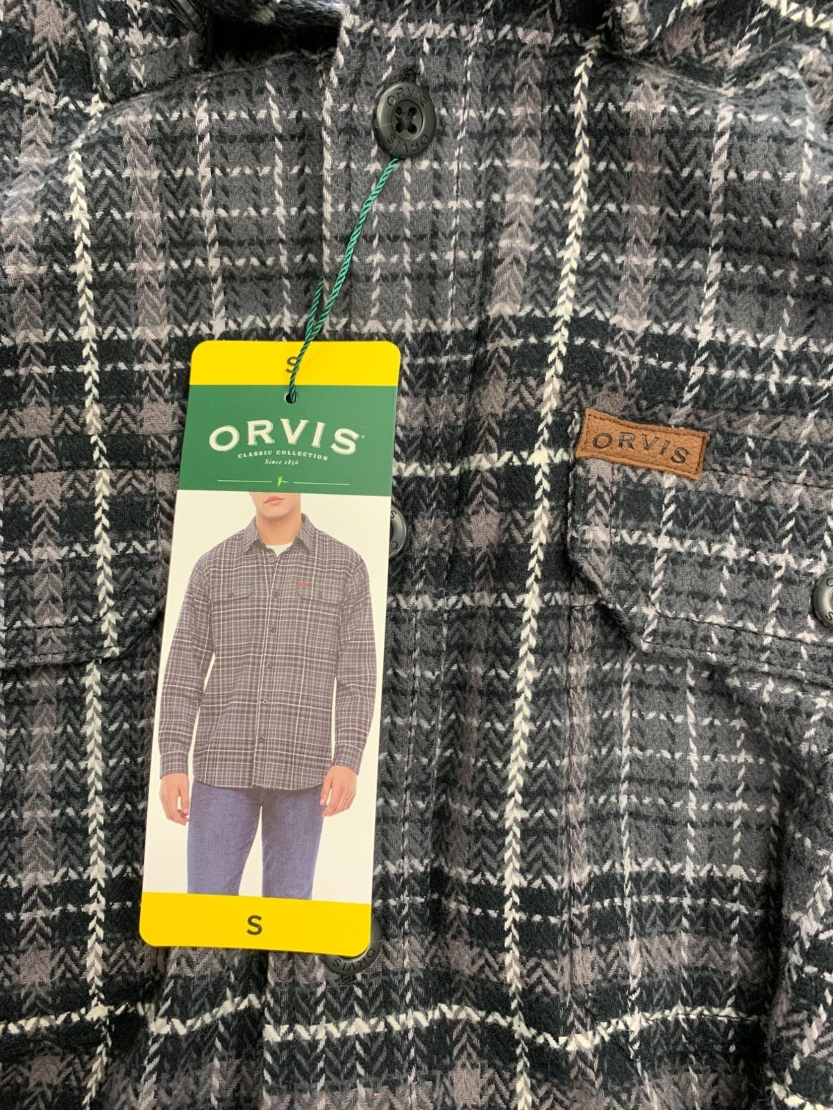Orvis Men’s S Classic Plaid Flannel Button-Up Shirt Jacket Black & Gray M1118