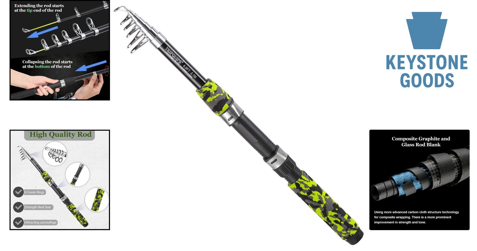 6.9FT Telescopic Fiberglass Spinning Fishing Rod – Lightweight, Portable, for…