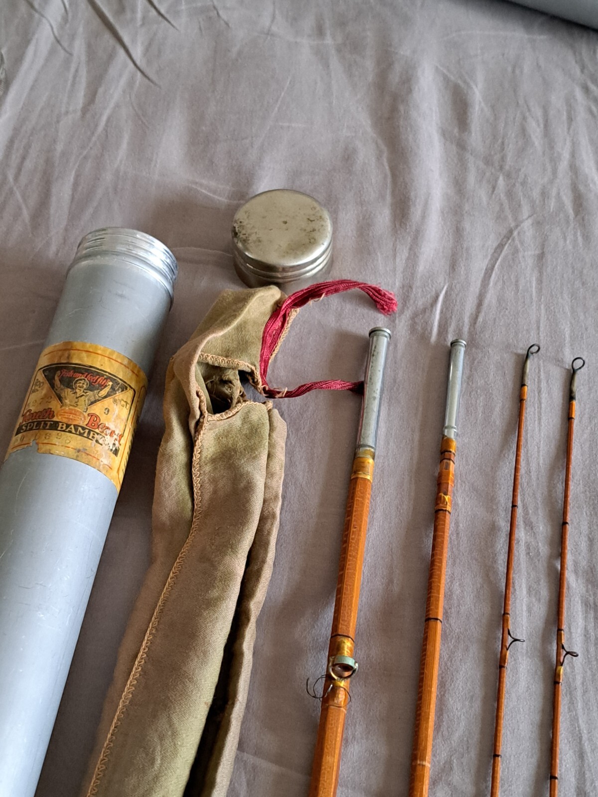 1930S USA DESIRABLE FLY ROD SOUTHBEND CROSS DOUBLEBUILT TUBE & ORIGINAL SOCK
