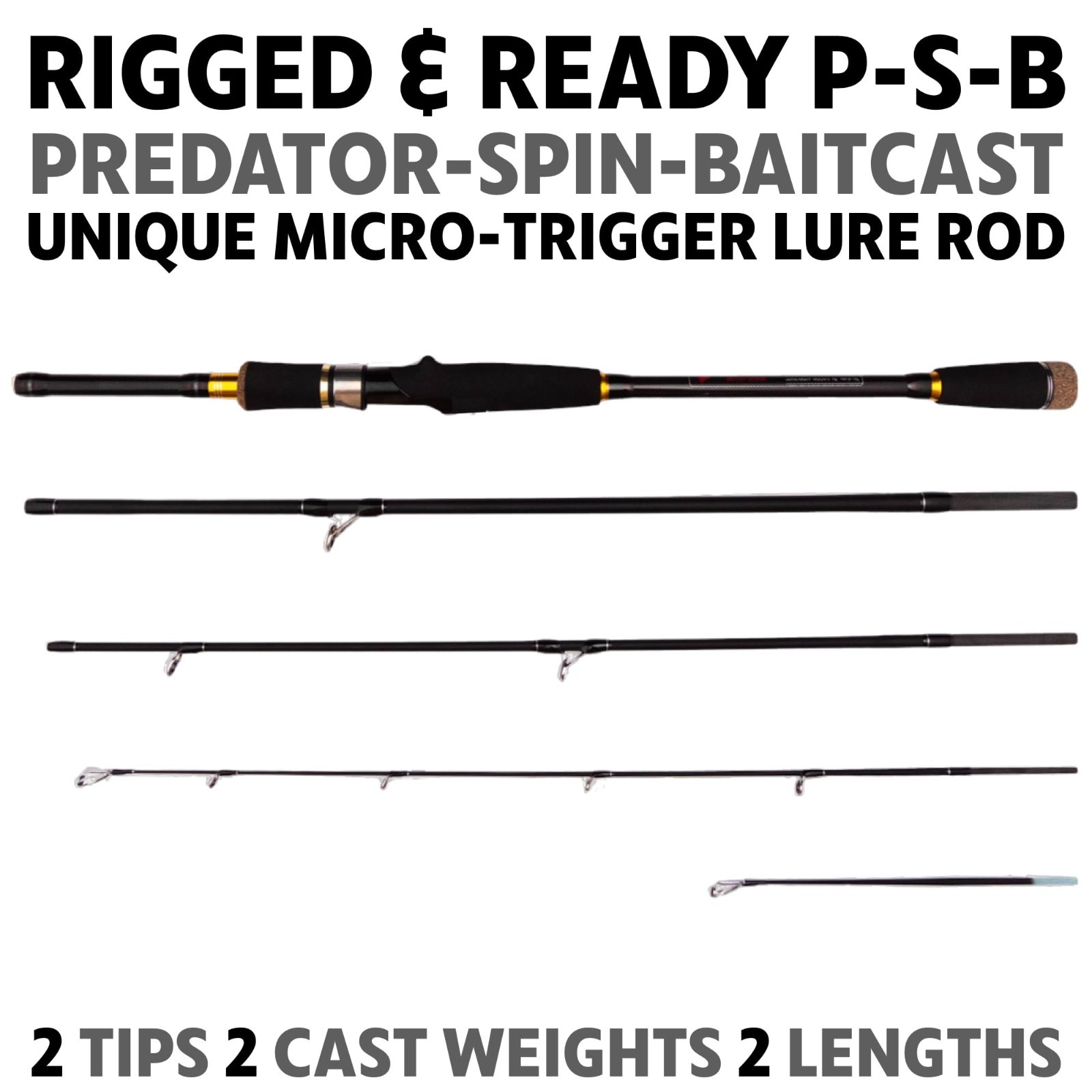 Predator Travel Spin Baitcast Rod 2.2m+1.85m Case Micro Trigger 2 Tips Set Pro