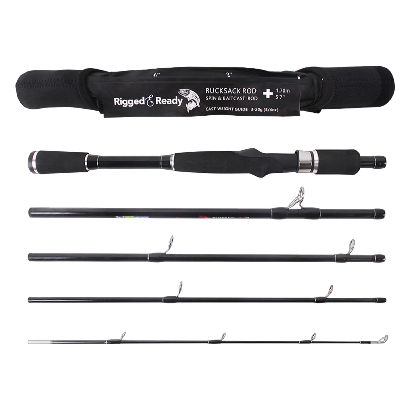 Rigged and Ready Travel Fishing Rucksack Rod 6’ 182 cm. Compact Length 15.