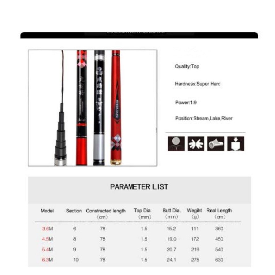 Telescopic Fishing Rod 3.6m 4.5m 5.4m 6.3m High Carbon Stream Fishing Pole Carp