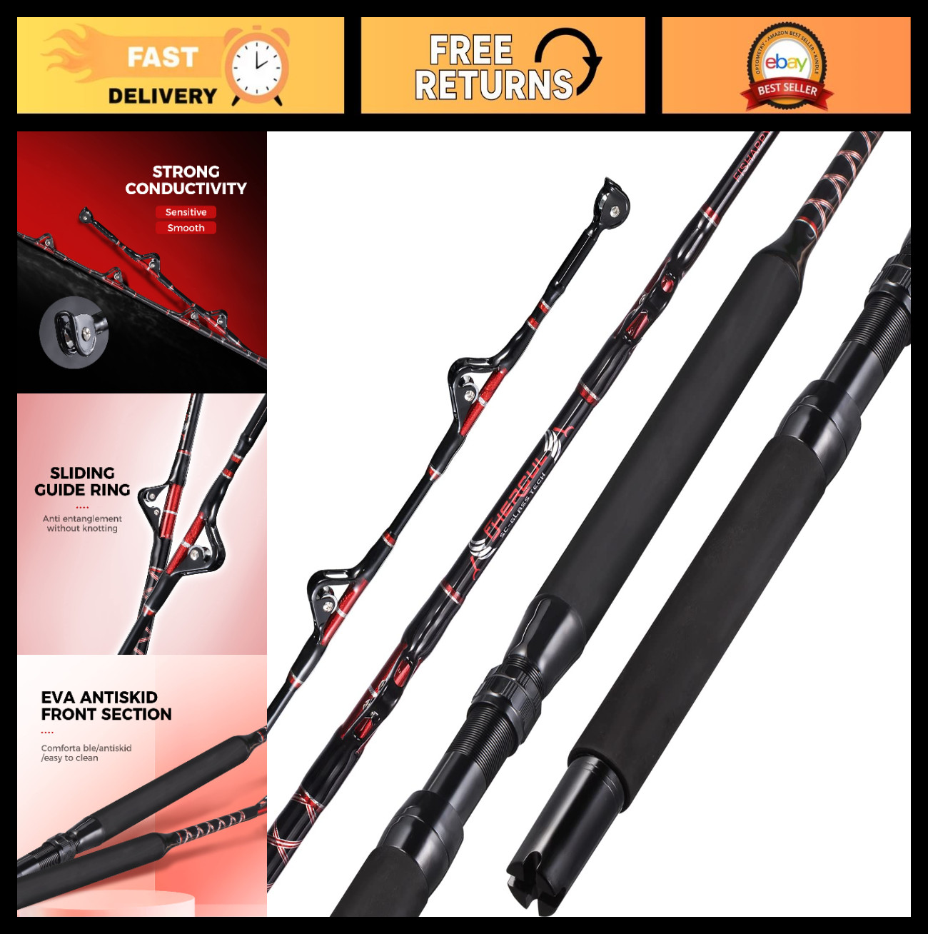 Heavy Duty Trolling Rod 5’6”/6′ Saltwater Offshore Big Game Fishing Pole Bent B