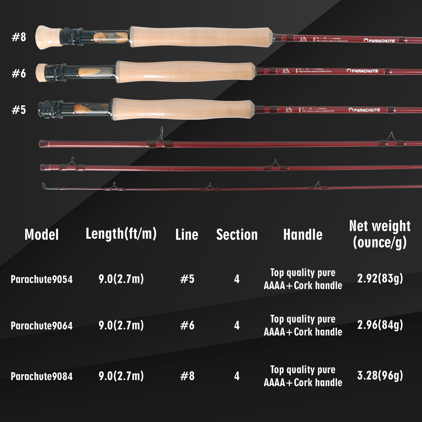 Maxcatch PARACHUTE 5/6/8WT 9FT 40T IM12 Carbon Fly Fishing Rod Fast Action