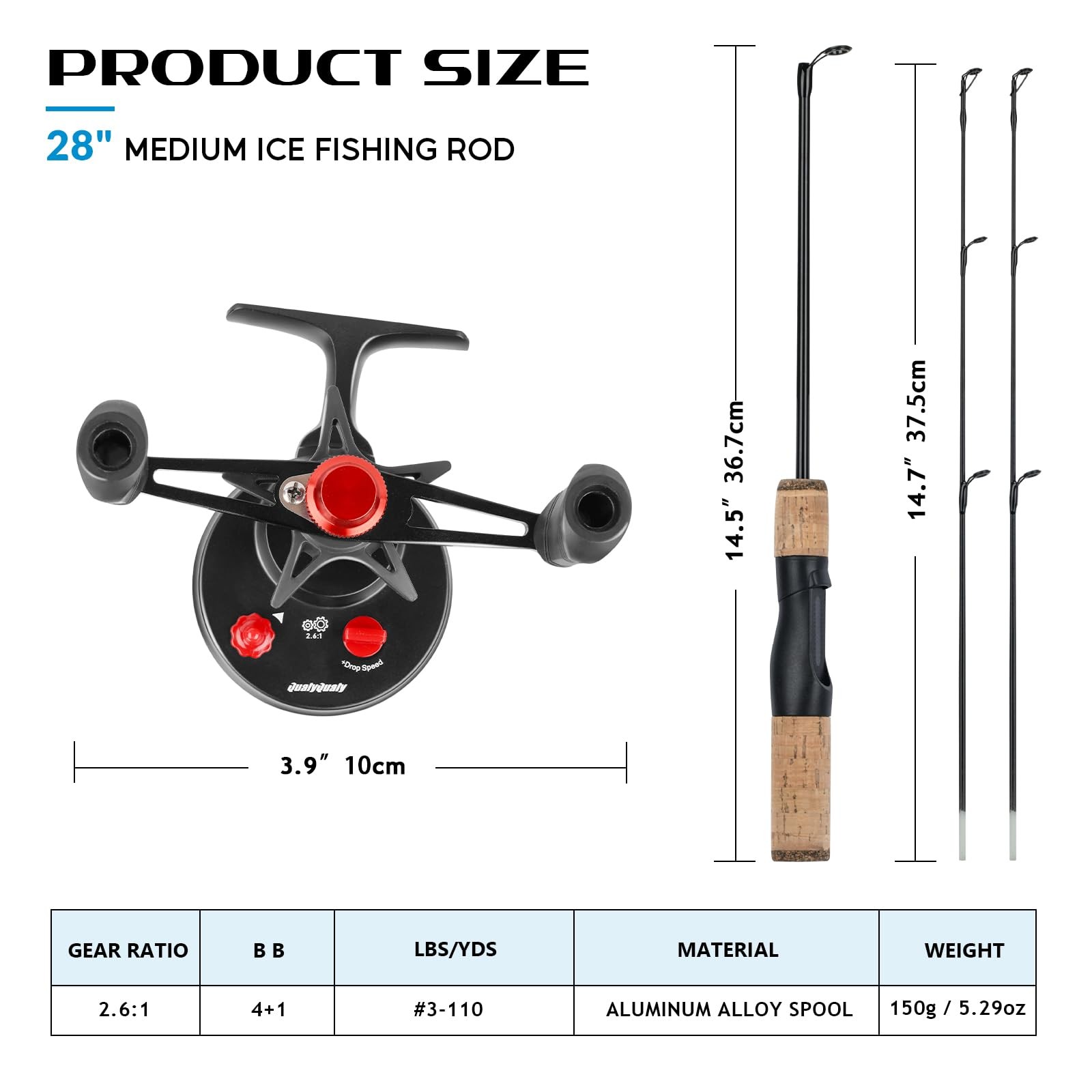 QualyQualy Ice Fishing Rod and Reel Combo 24-28 inch M/ML Inline Ice Fishing Com