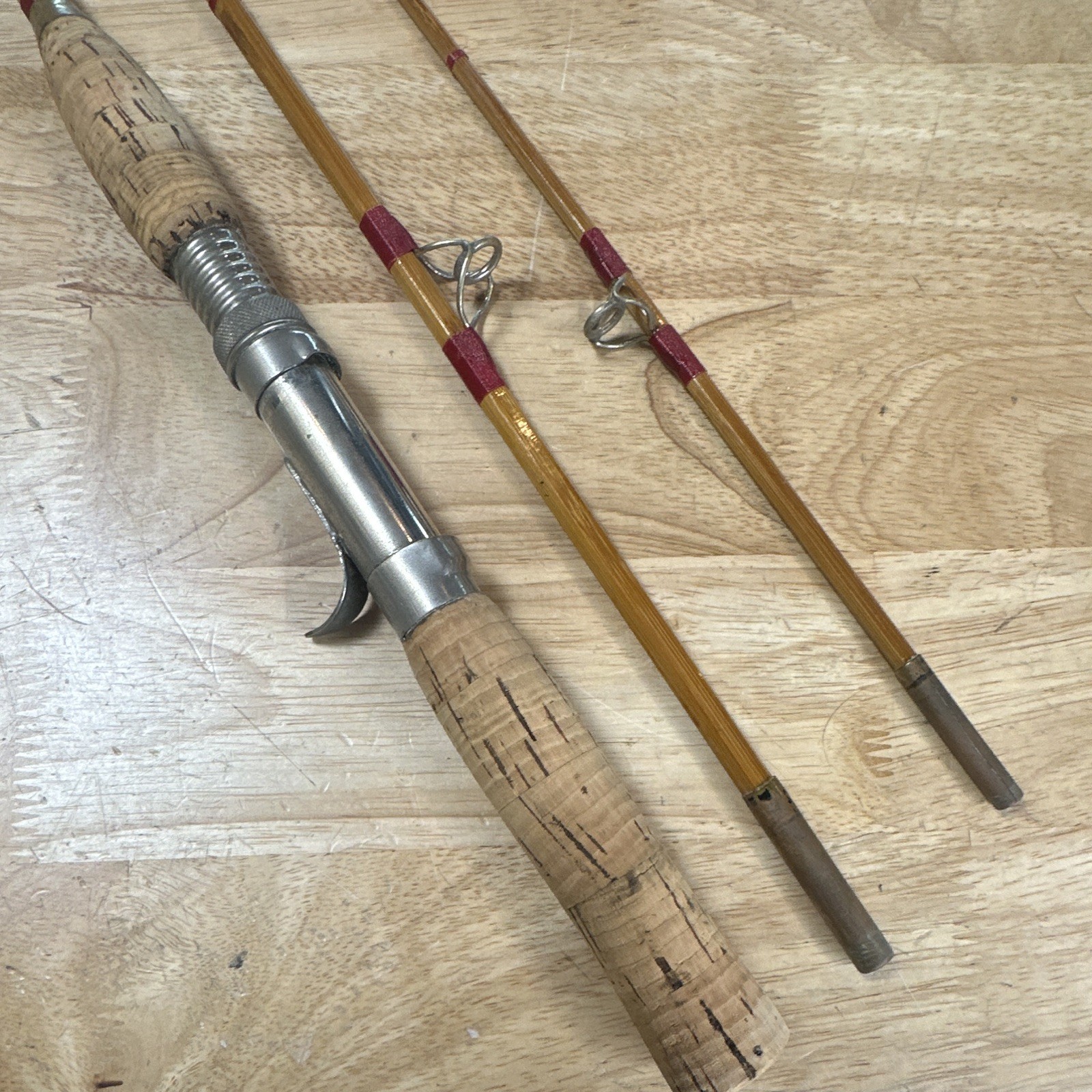 Vintage 3-Piece Bamboo casting Rod 5 ft Cork Metal Reel Seat refurbished