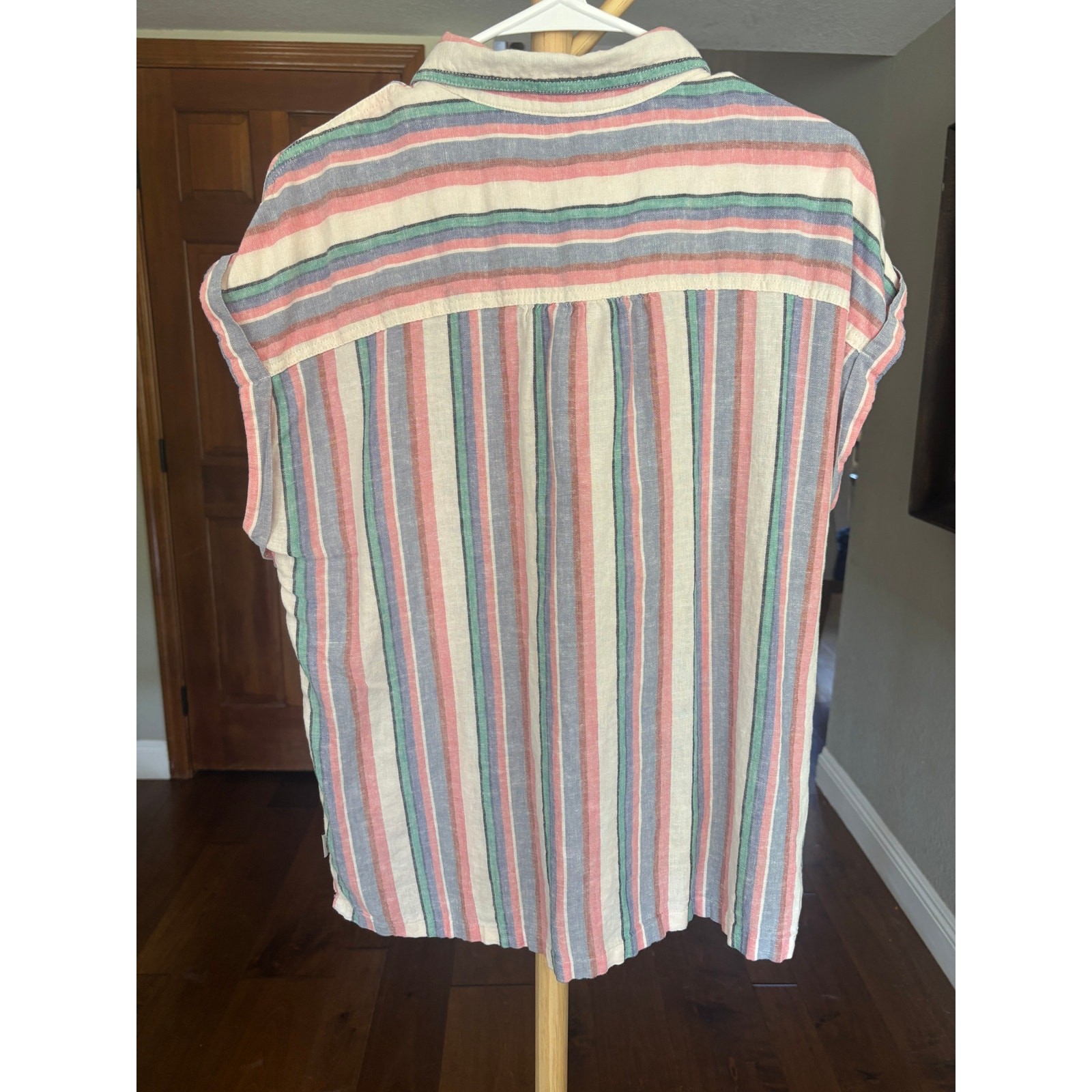 Orvis Classic Collection Multicolor Stripe Linen Blend SS Button Down Shirt M