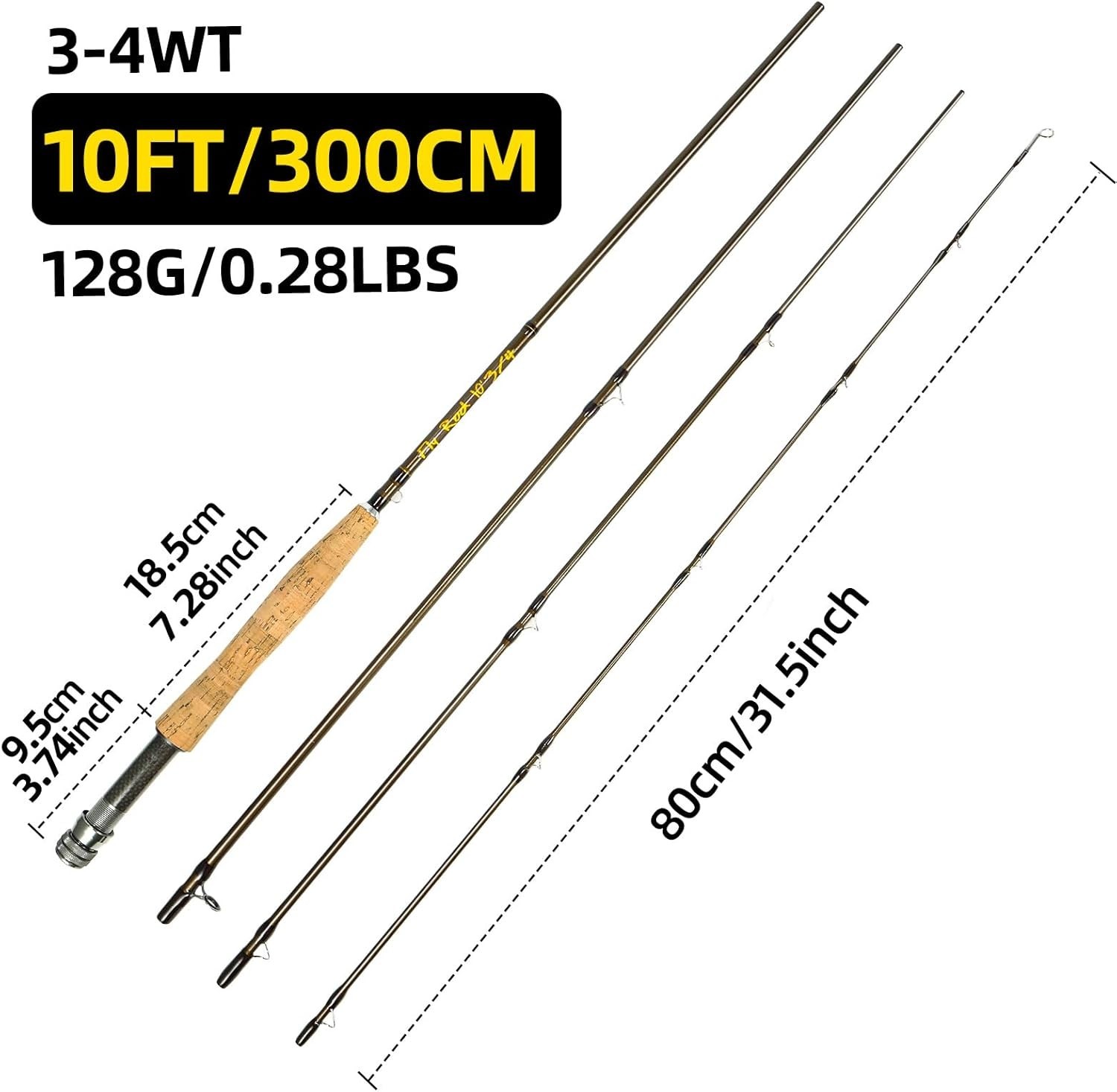 Fly Fishing Rod Carbon Fiber 10ft 3-4wt 4 Piece Sections Medium-Fast Action