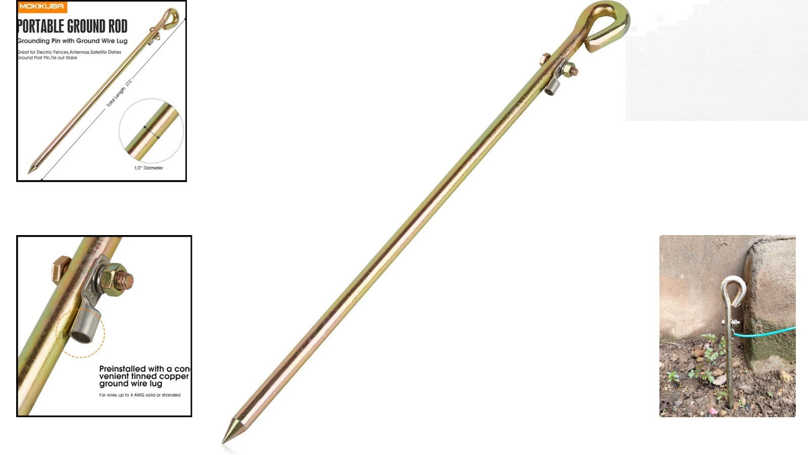 Portable Ground Rod with Wire Lug for Electric Fences & Satellite Dishes