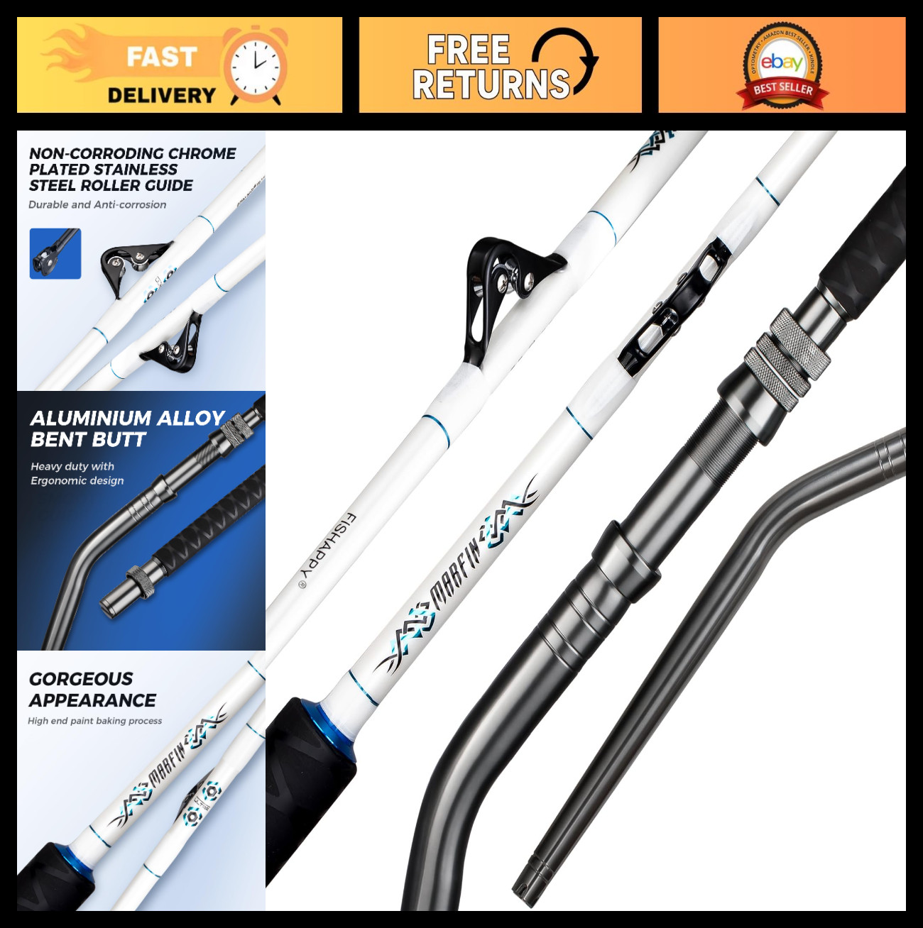 Heavy Duty 6′ Trolling Rod – Saltwater Offshore Big Game Roller Rod for Boat Fis