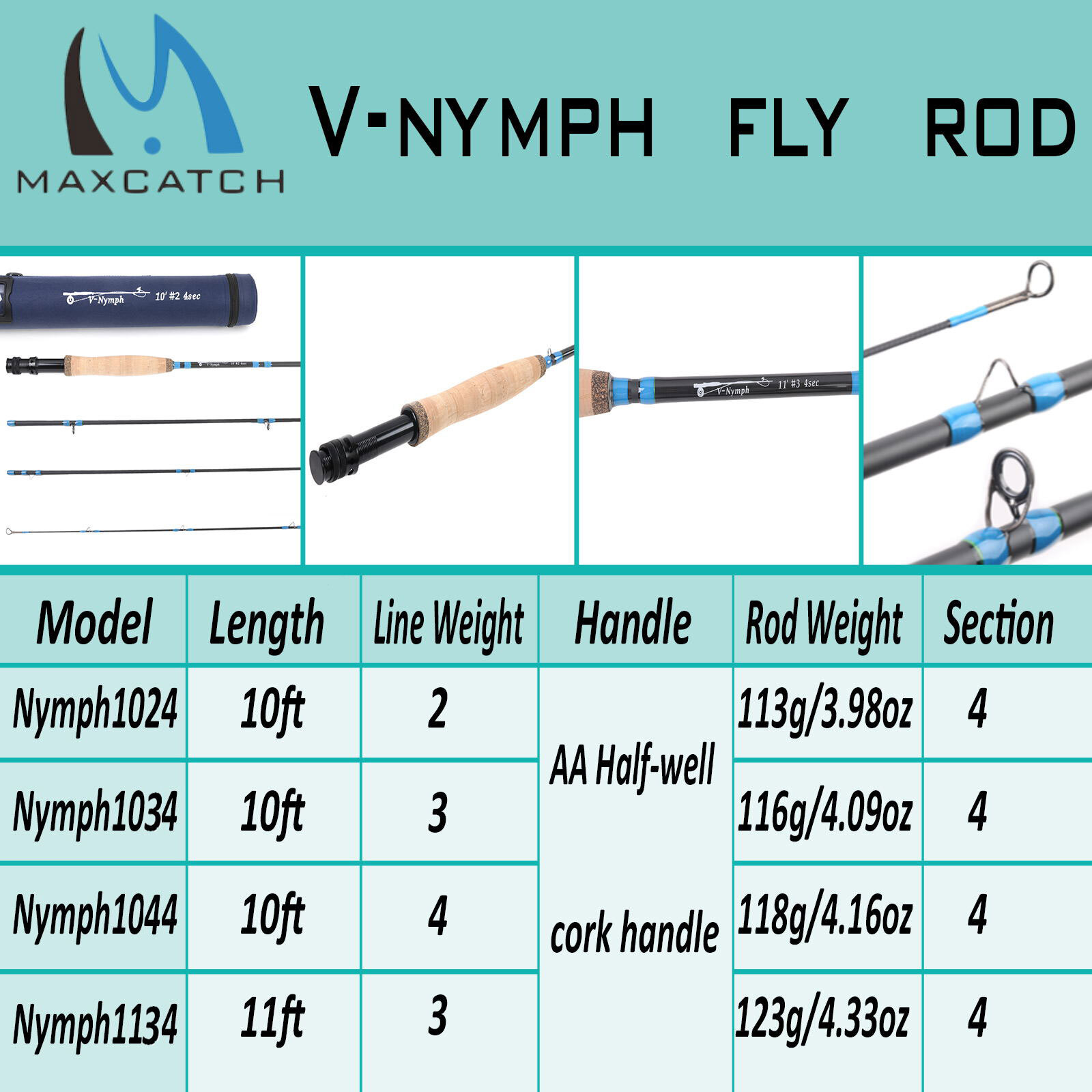 Maxcatch Nymph Fly Fishing Rod 2WT 3WT 4WT 10′ 11′ 4Sec IM10 Fast Action Rod