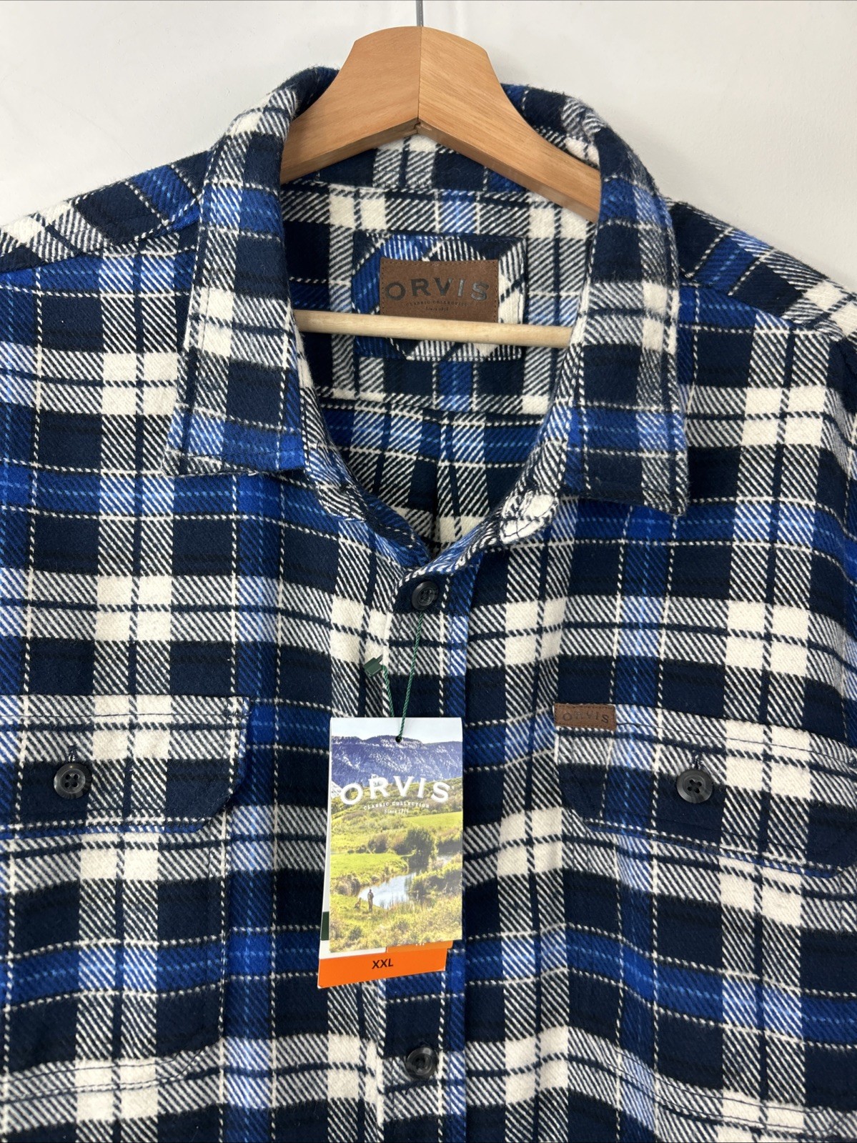 Orvis Mens XXL Blue White Plaid Flannel Pockets Heavyweight Outdoor Shirt Jacket