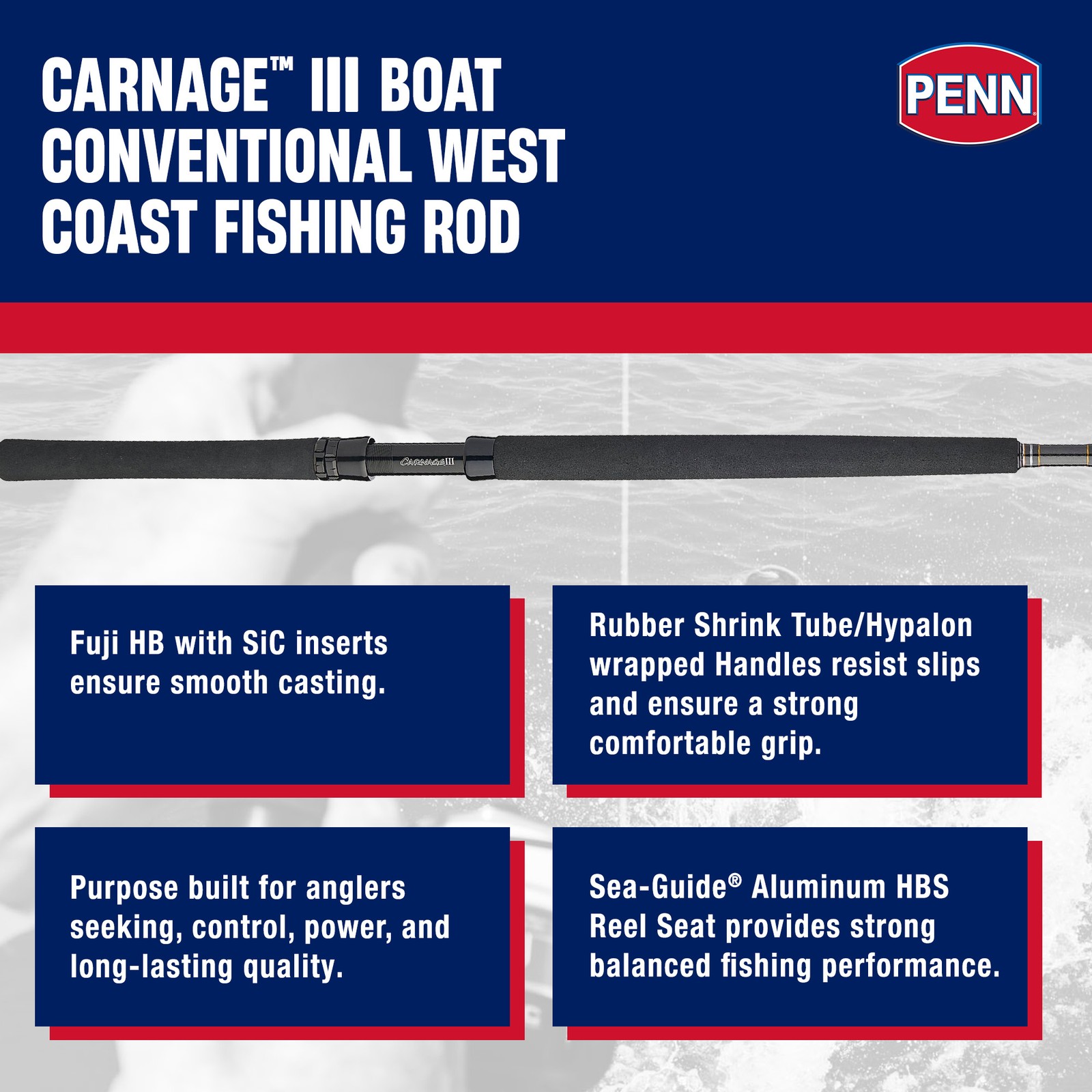PENN Carnage III West Coast Boat Conventional Rod, 7’8″ Fishing Pole,Heavy Power