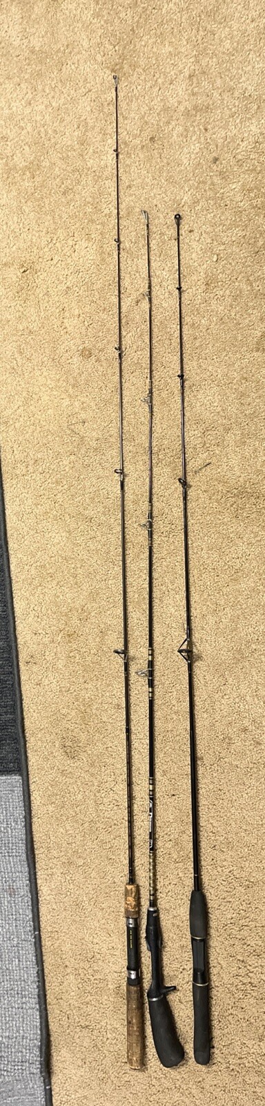 3x Fishing poles – Shimano SMS-56UL, Daiwa MC-38, & South Bend EliteES-201