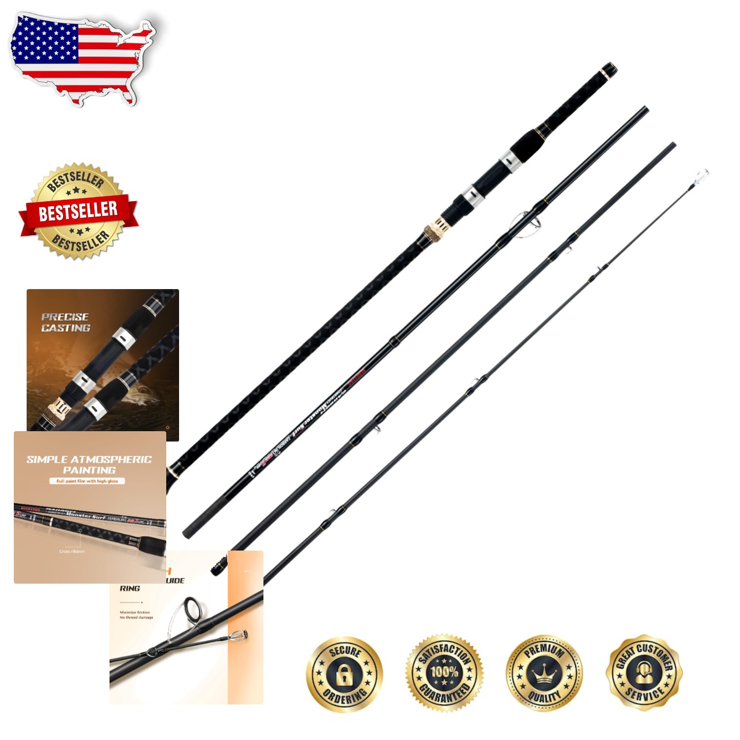 Pro 10’6″ Surf Spinning Rod – Medium Power, Graphite, Fast Action, 15-40lb