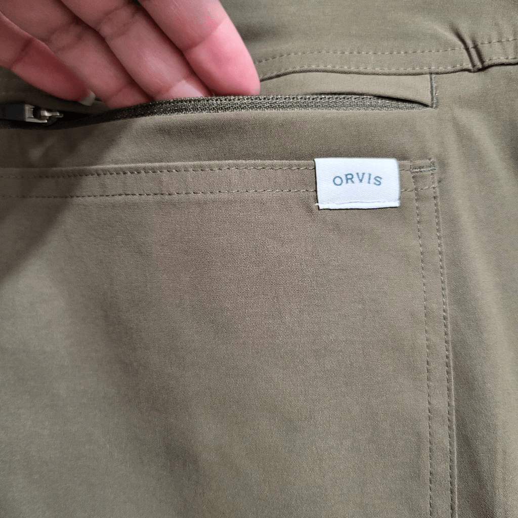 Orvis Mens Tech Pants Olive Green Nylon Water Repellent Zip Fly Size 38 x 34
