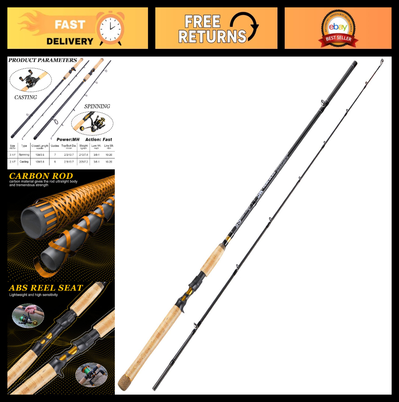 Inshore Saltwater Fishing Rods – 7′ Spinning & Casting Rods, IM7 Carbon, Cork Ha