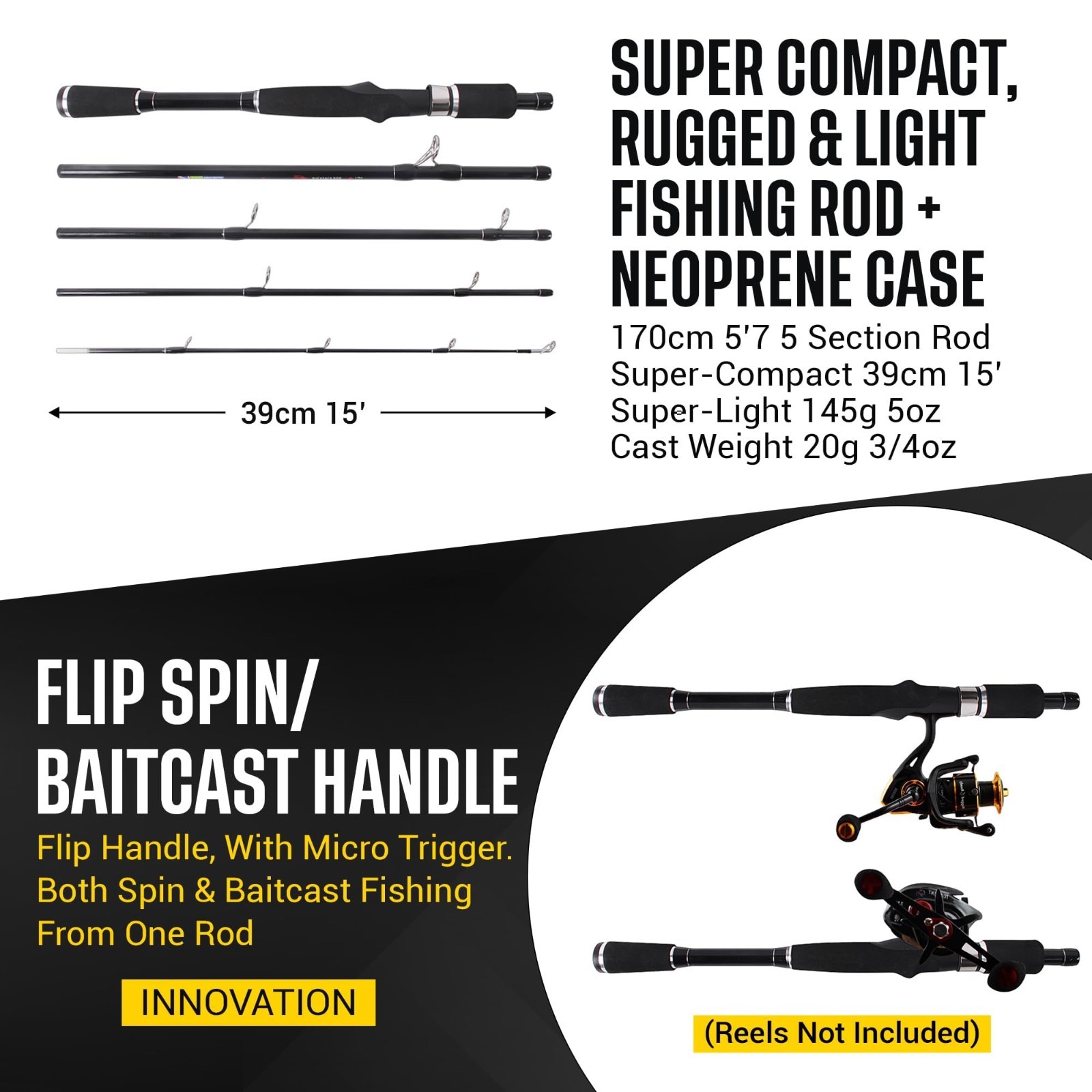 Rucksack Travel Fishing Spinning Rod 5’6′ 170cm. Compact Length 15.5’ 40 cm
