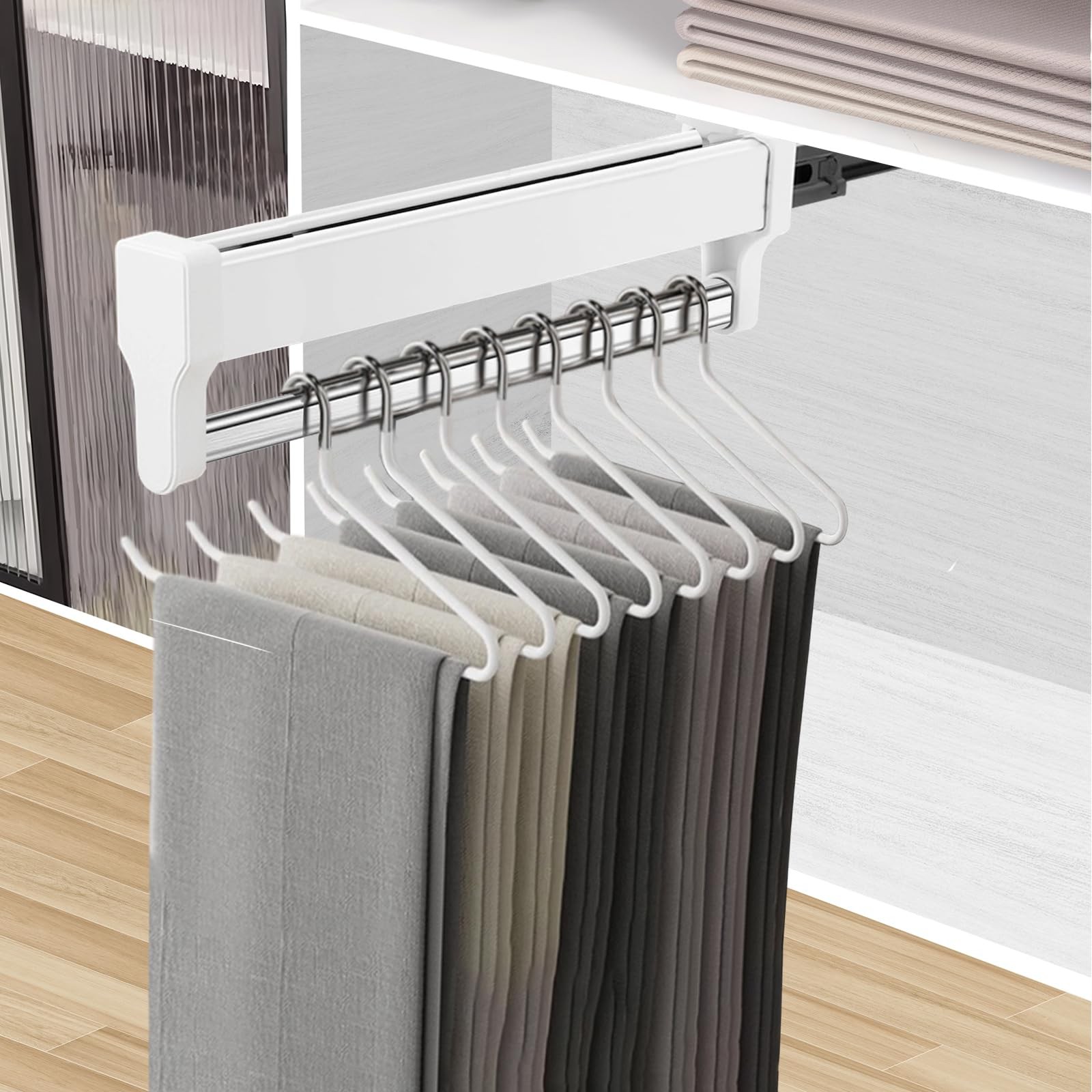 MAFAGE Pull Out Closet Valet Rod Adjustable Sliding Heavy Duty Steel Clothes Han