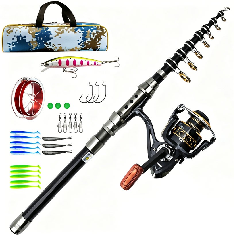 83″ Carbon Fiber Telescopic Fishing Pole Rod Reel Combo Sea Saltwater Freshwater
