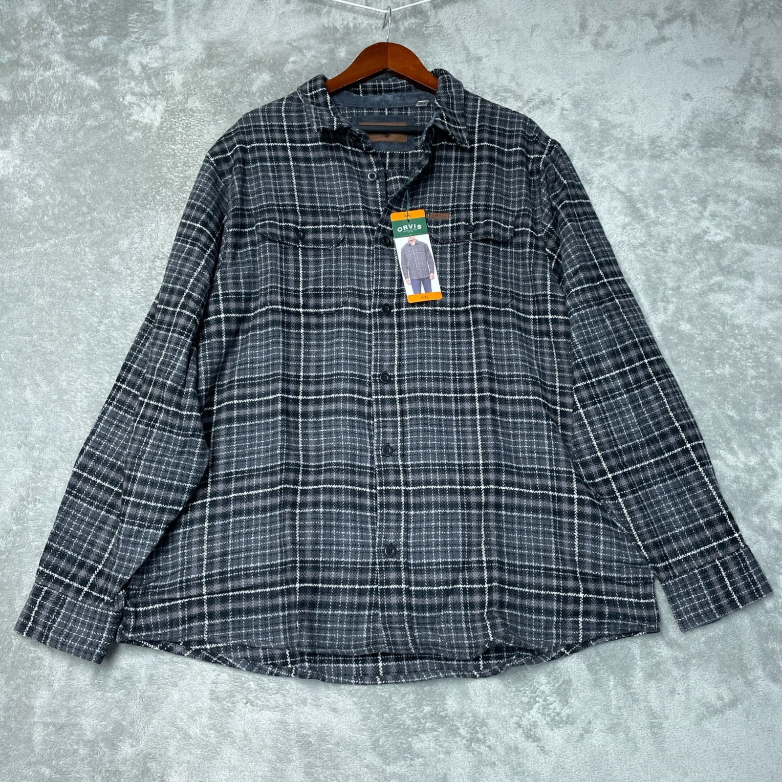 Orvis Men’s XXL Gray Plaid Button-Down Shirt Classic Fit Long Shacket e1759