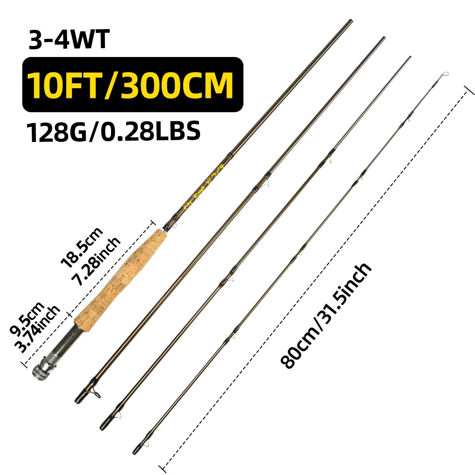 Fly Fishing Rod, Carbon Fiber, 9ft to 10ft, 3/4wt 10ft 3-4wt, Dark Brown