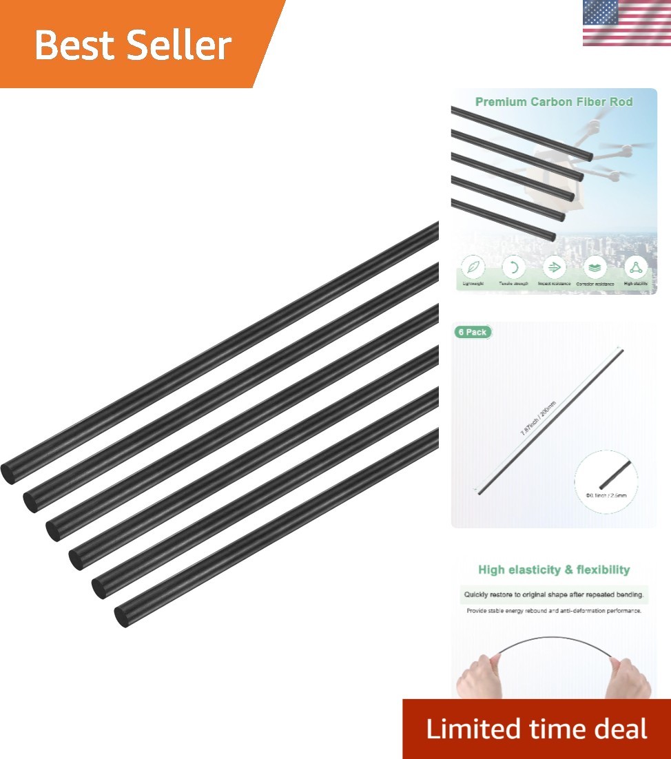 200mm by 2.5mm Carbon Fiber Rods – 6 Pack Matte Black for DIY Projects & RC Uses
