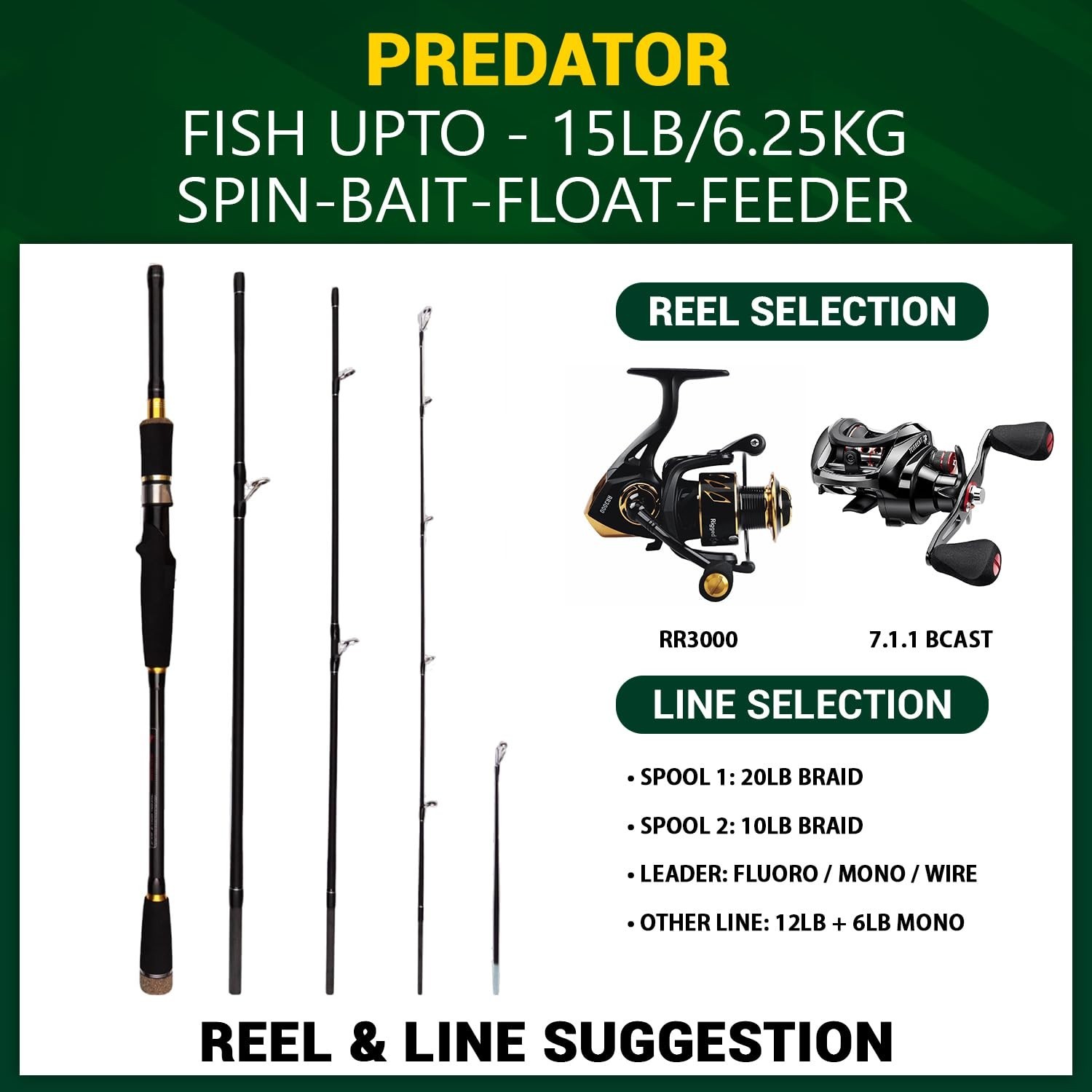 Predator Travel Spin Baitcast Rod 2.2m+1.85m Case Micro Trigger 2 Tips Set Pro
