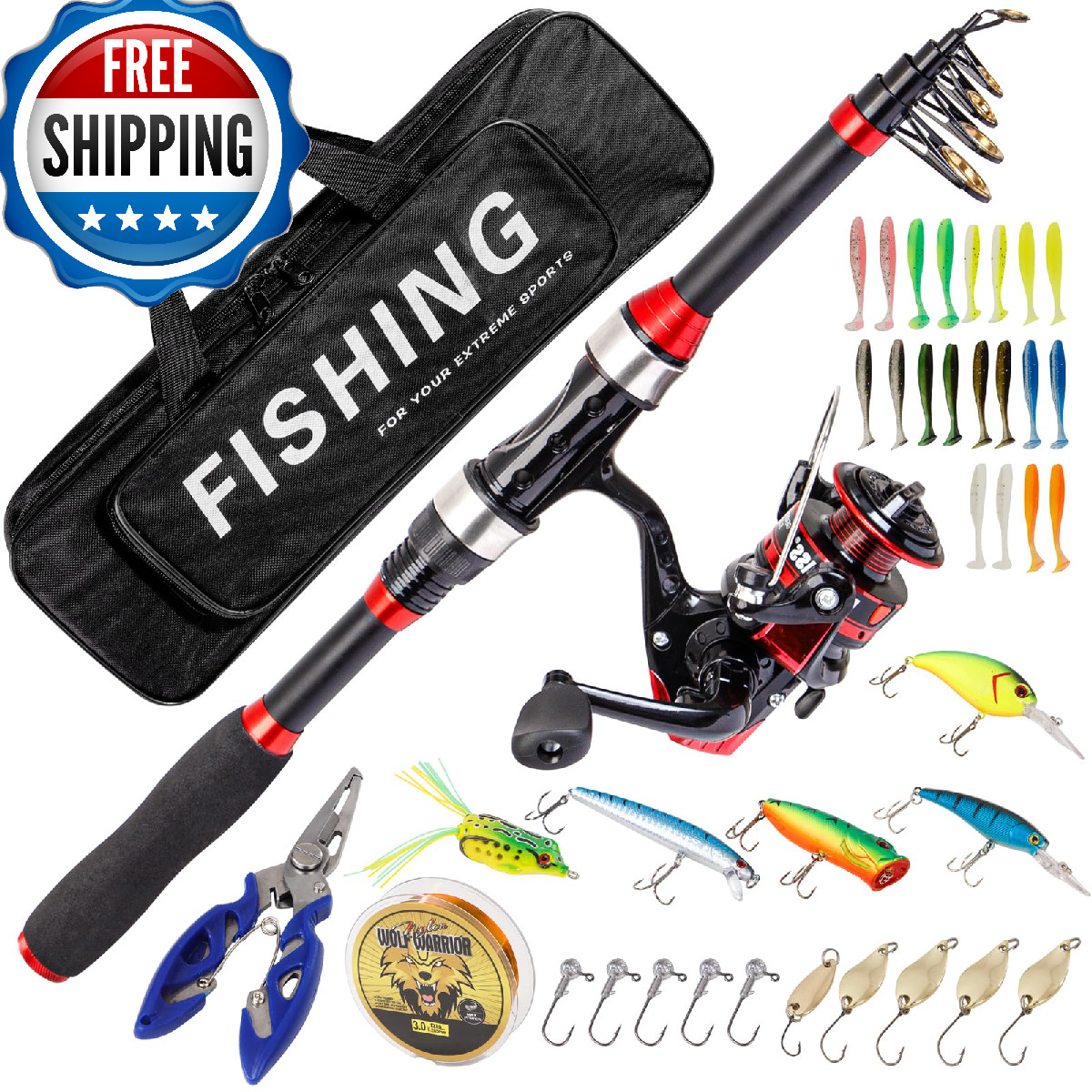 I00000 Black/Red 5.9ft Fiberglass Telescopic Fishing Rod & Reel Combo