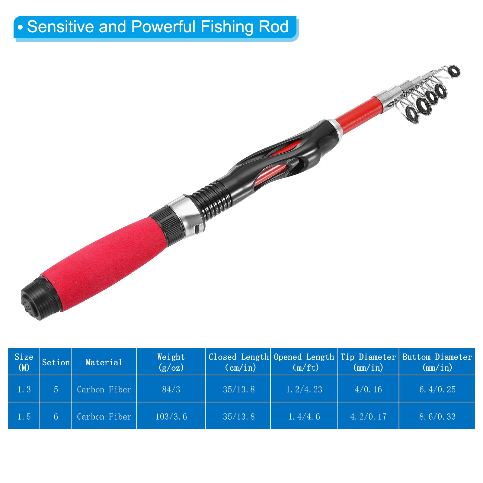 Telescopic Fishing Rod 1.5 M, Fiberglass Fishing Pole, Black & Red