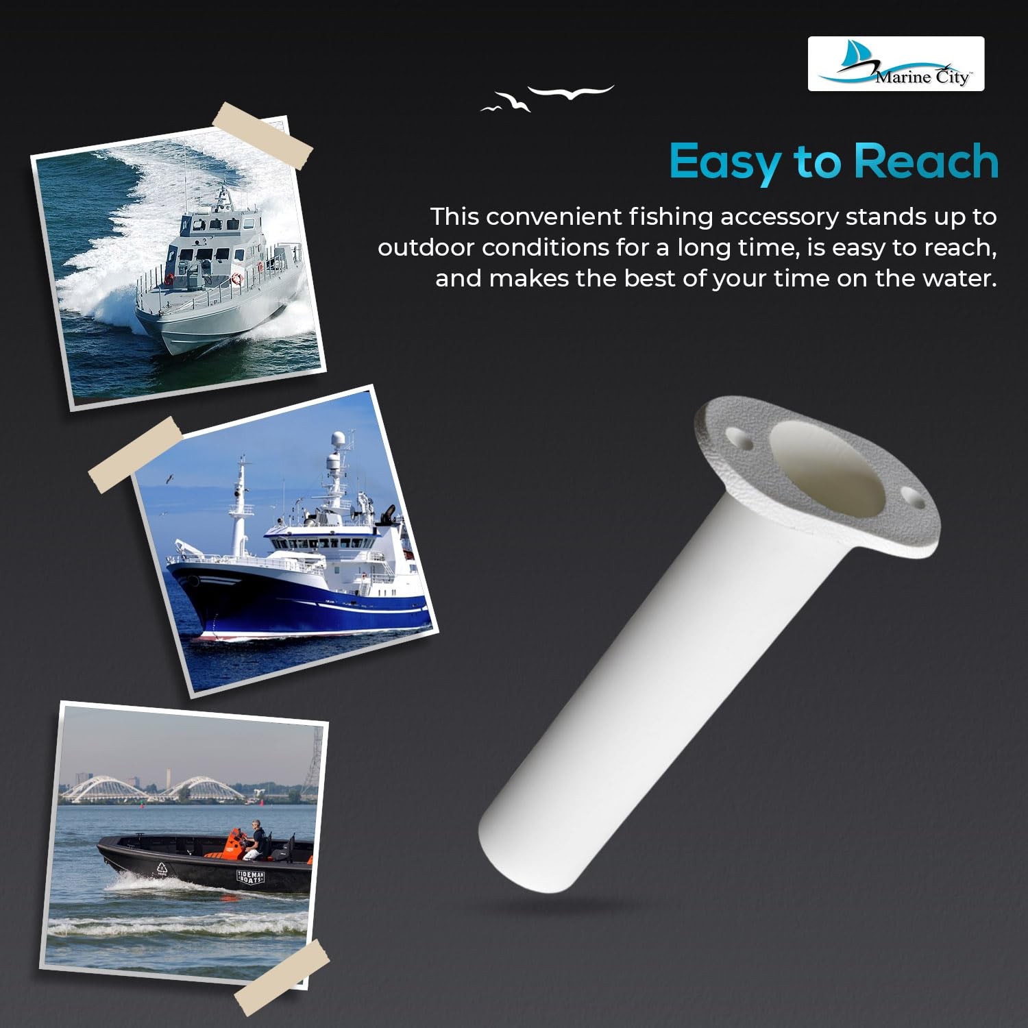 Marine City Flush Mount Fishing Rod Holder 90 Degree White Abs Plastic 8 Inches