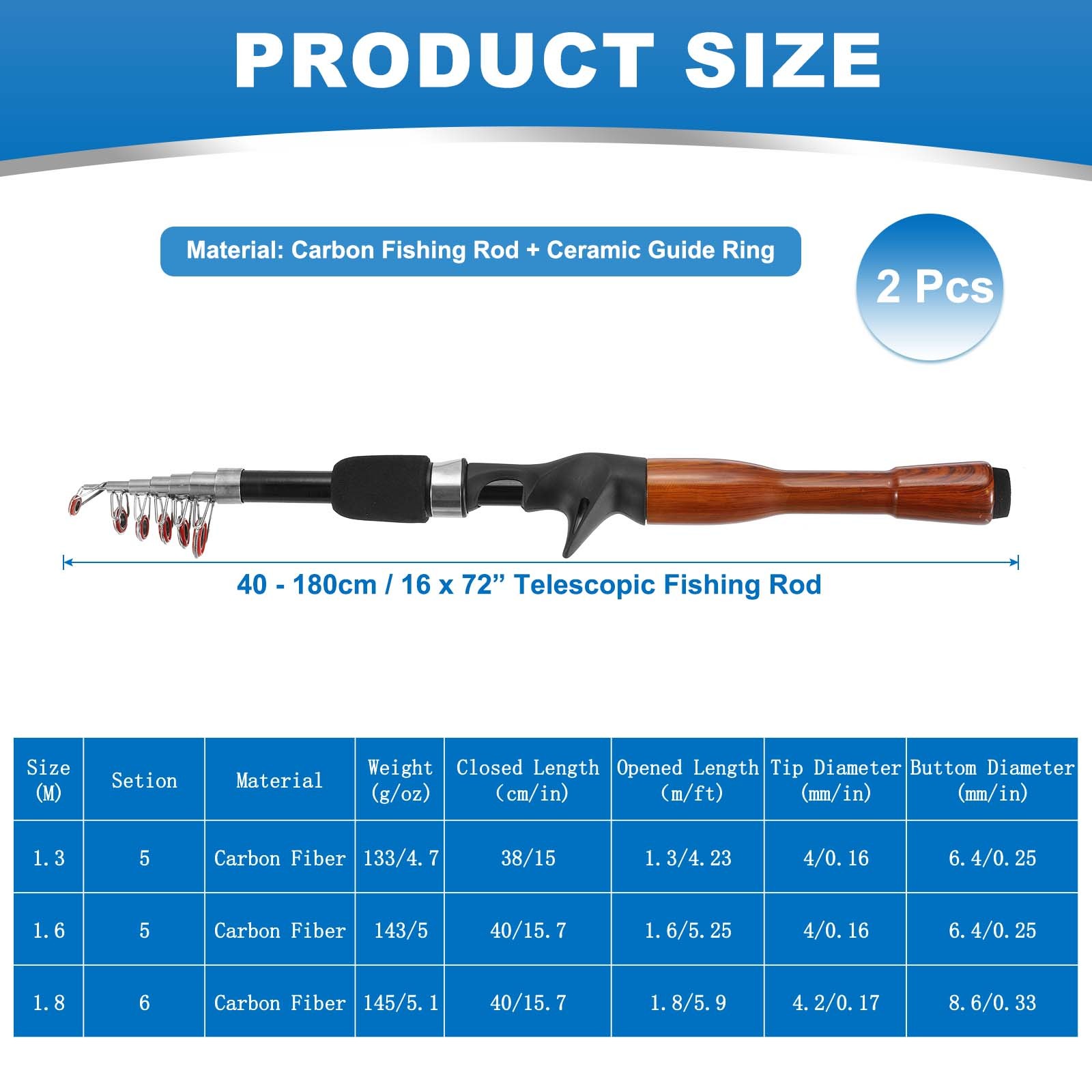 2pcs Telescopic Fishing Rod 72 Inch, Lightweight Collapsible, Black / Yellow