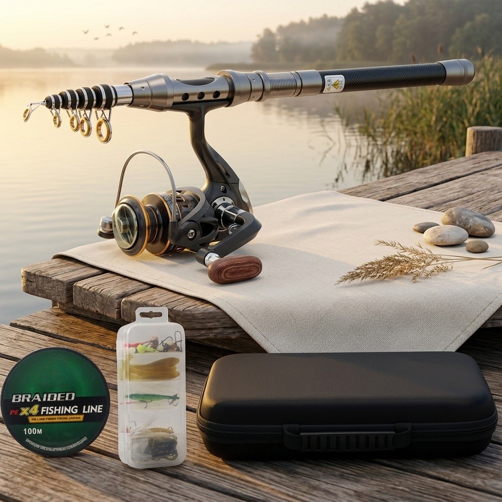 1.5m 1.8m 2.1m 2.4m Fishing Rod and Reel with Bait Set Line and Carry Bag