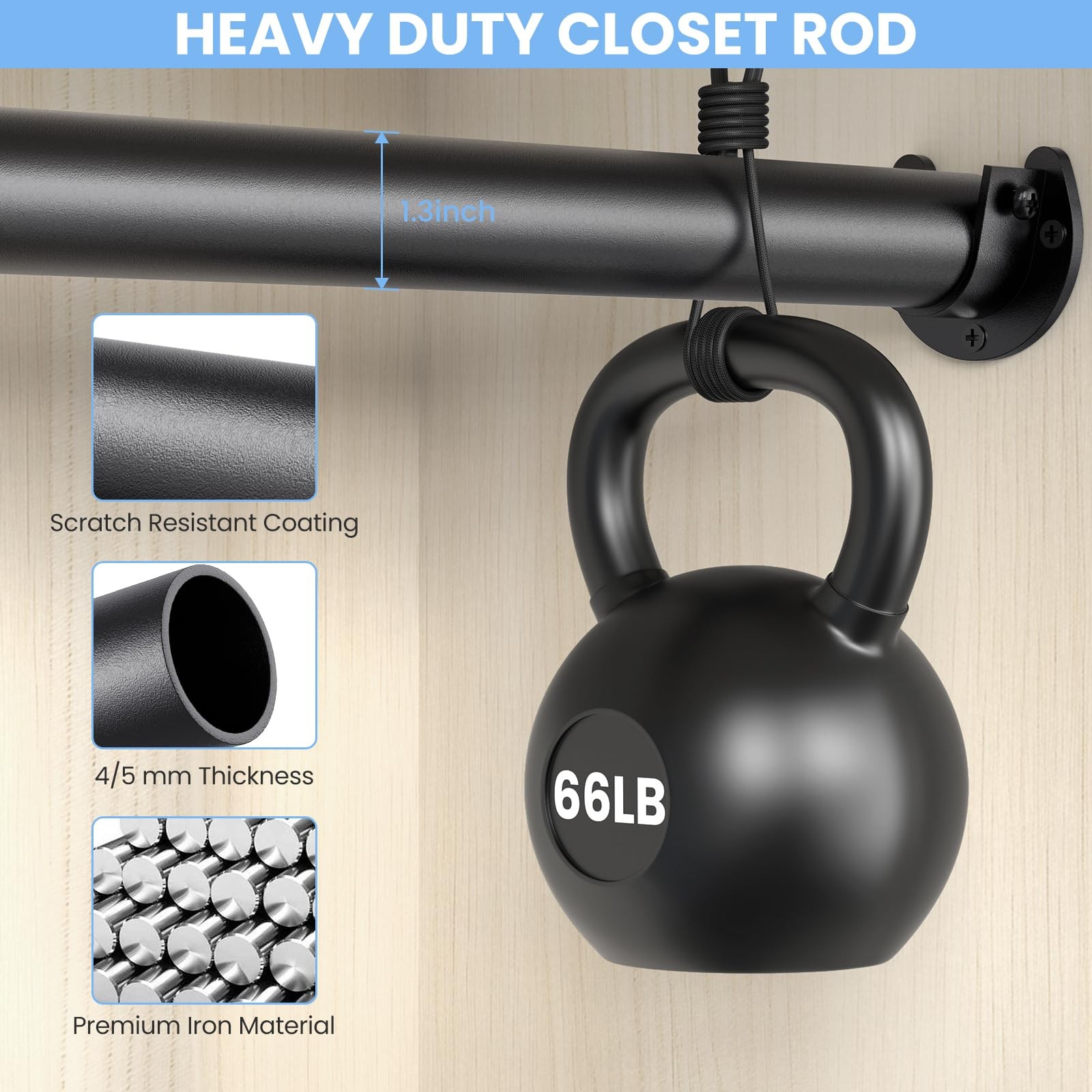 Heavy Duty Adjustable Closet Rod 17-39″ Black Steel Clothes Hanging Bar