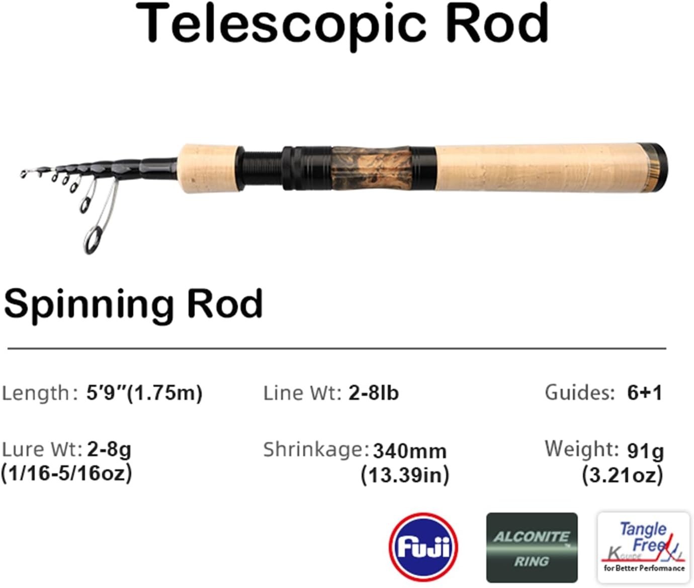 PURELURE Telescopic 1.75m Spinning Travel Portable Lightweight Lure Fishing Rod