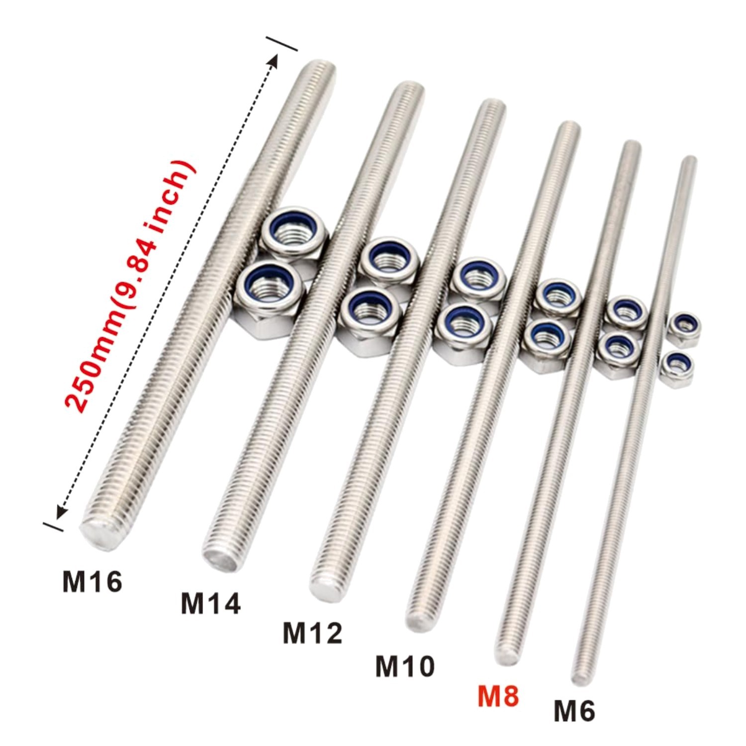 5 Pack M8x250mm Stainless Steel Threaded Rod Studs