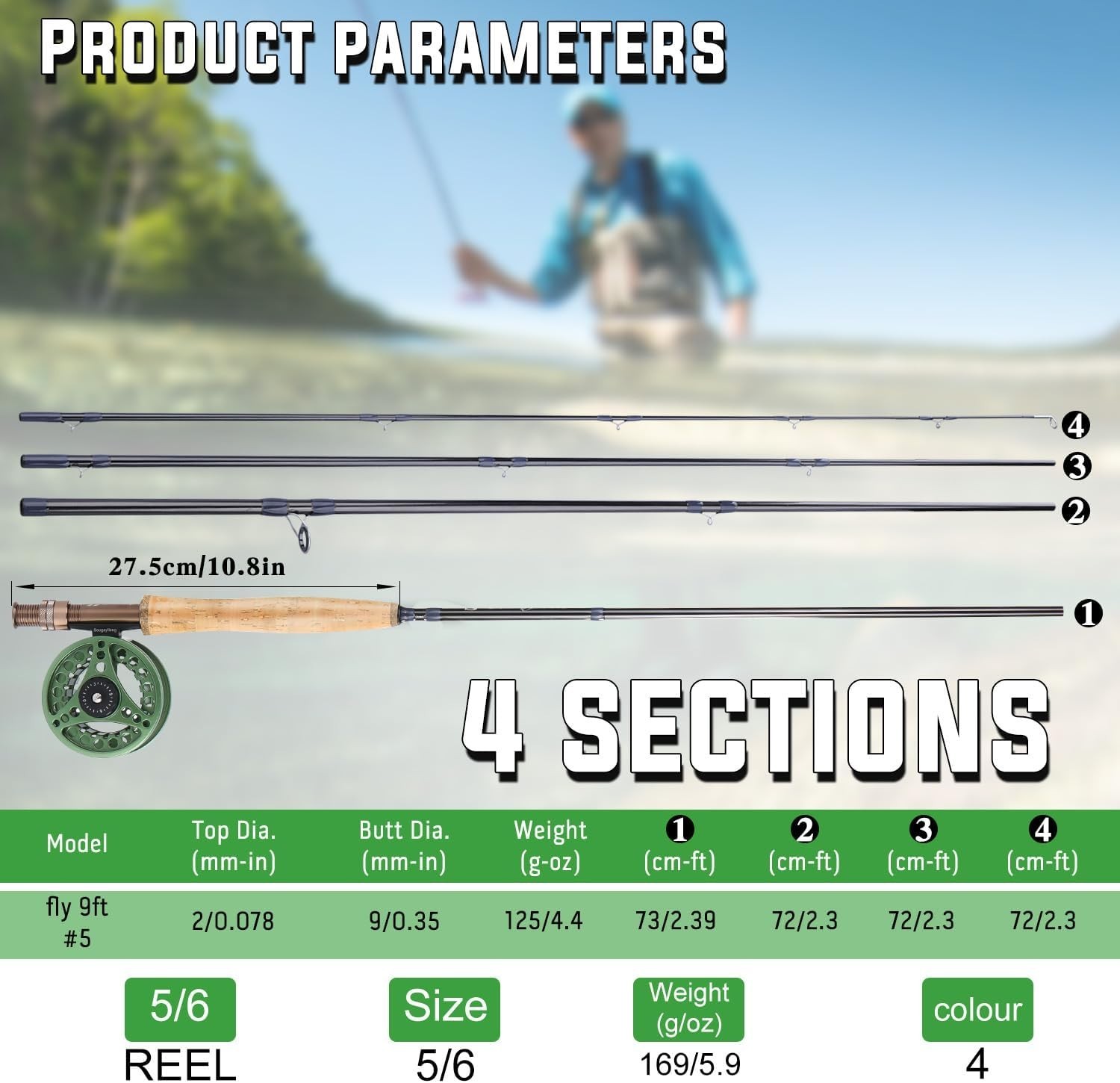 Saltwater Fly Rod 9ft, 4-Piece graphite rod, 5/6 Weight 8wt Fly Fishing Rod