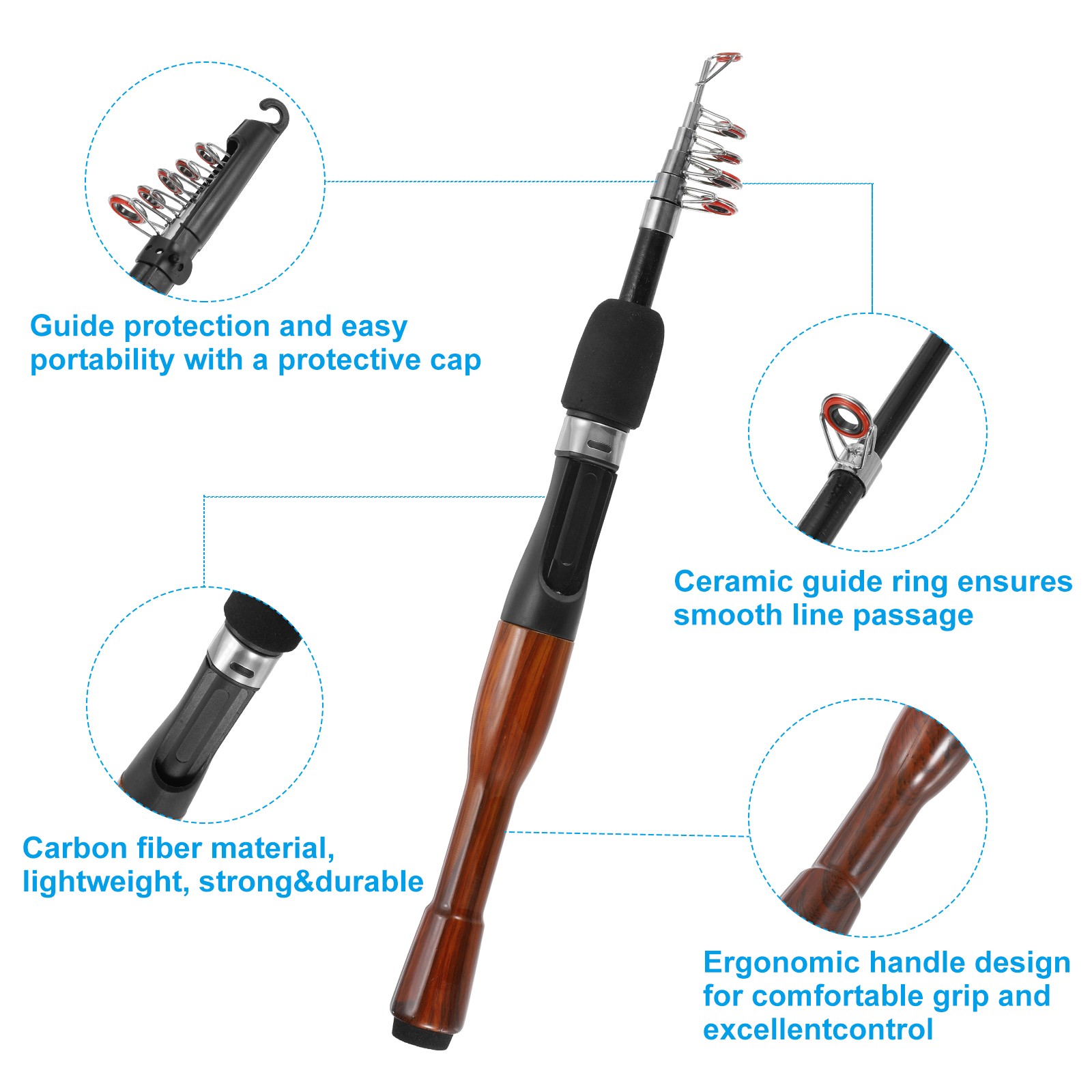 Telescopic Fishing Rod 1.3 M Fiberglass Fishing Pole Black Wood Color