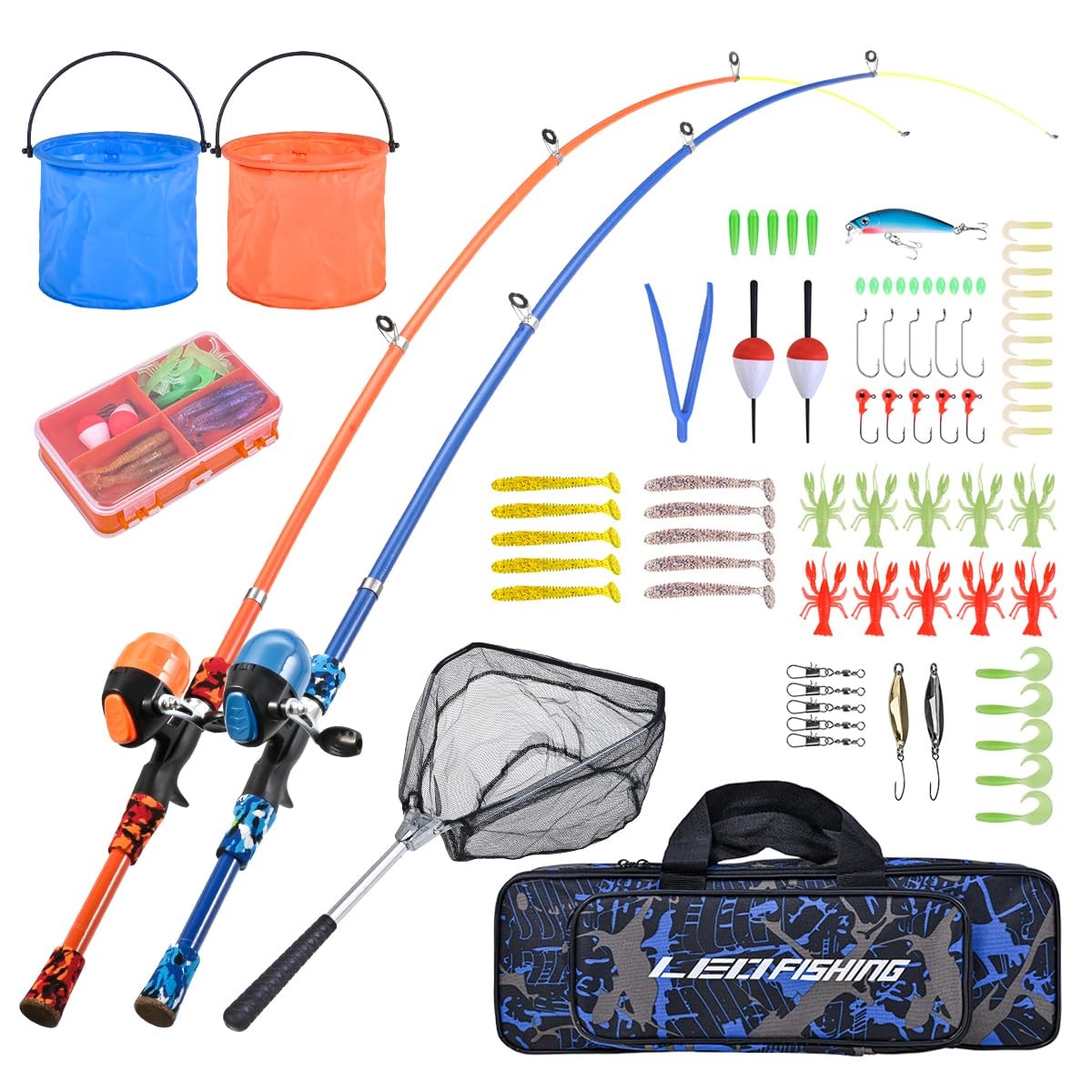 LEOFISHING Portable Kids Fishing Rod Set 2Pack 165cm, Blue and Orange