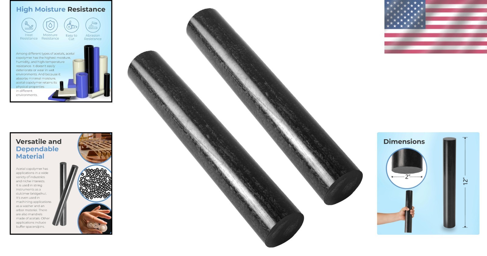 Durable Black Acetal Copolymer Rods – 2 In Diameter, 12 In Length – 2-Pack