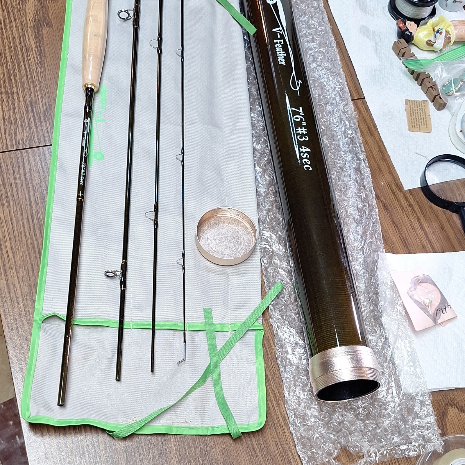 V-Feather Premium 7 ft 6 in 3 wt 4 Piece Fly Rod Full Cork Portable Tube Sock