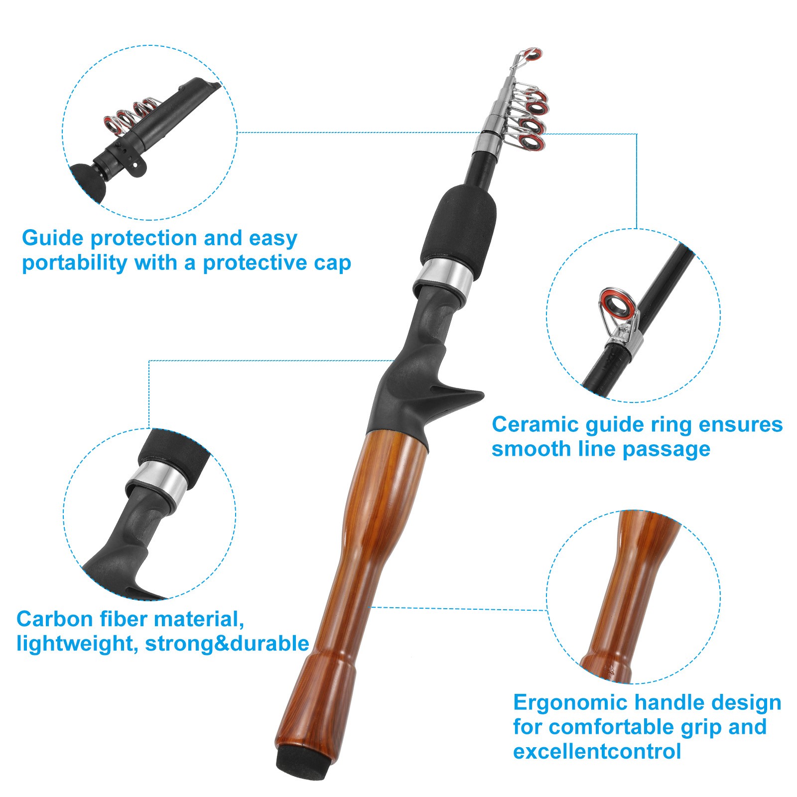 Telescopic Fishing Rod 1.3 M, Fiberglass Fishing Poles, Black & Wood Color