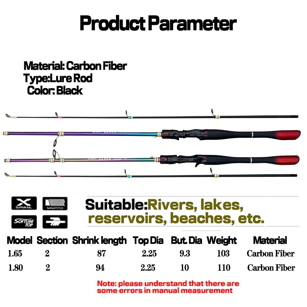 Spinning Casting Lure Fishing Rod 1.65m 1.8m Carbon Fiber Pole Lure Weight 8-25g