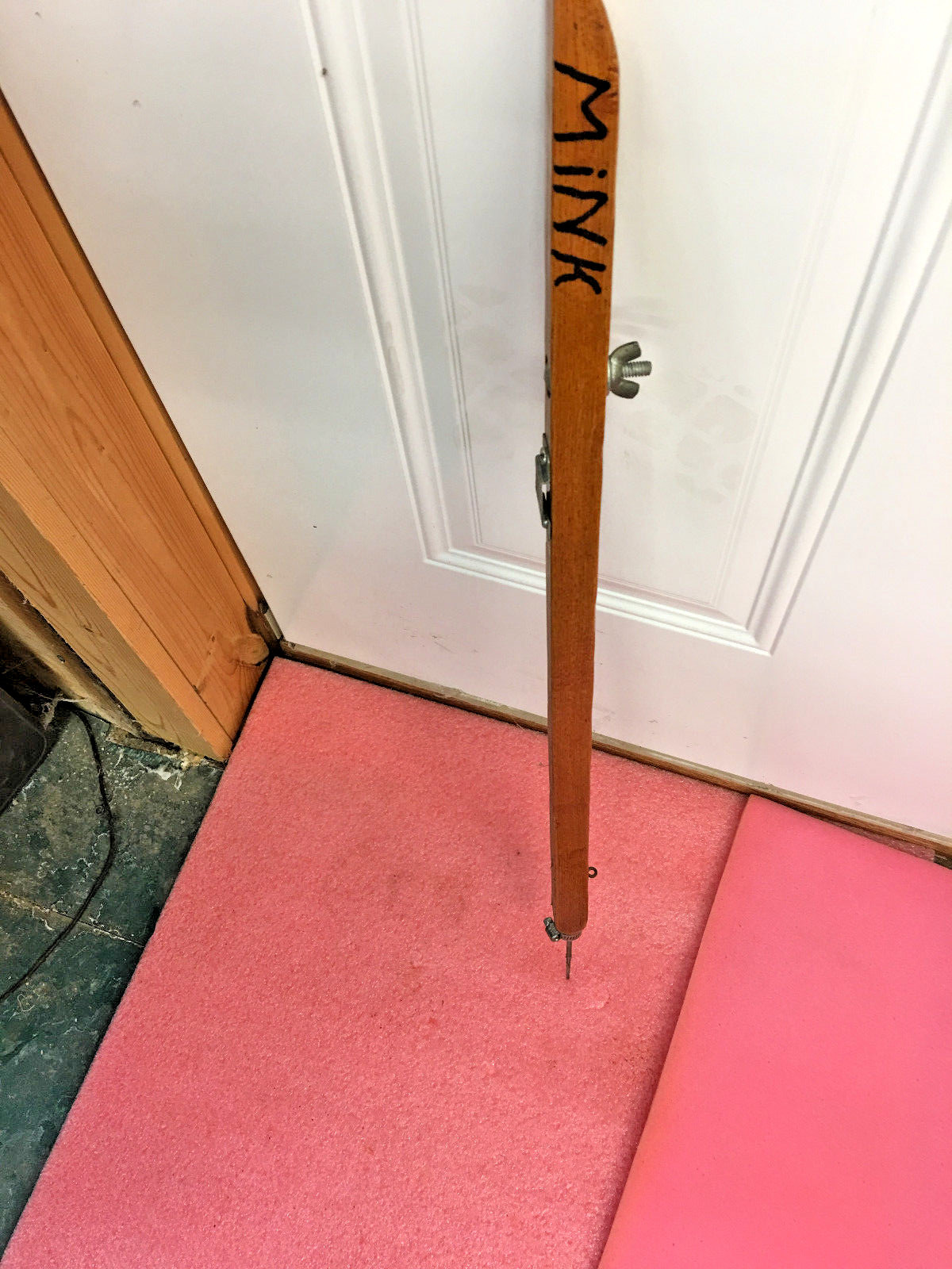 MW2 Vintage folk art ice fishing rod wooden 24″ ice pick attach rattle reel