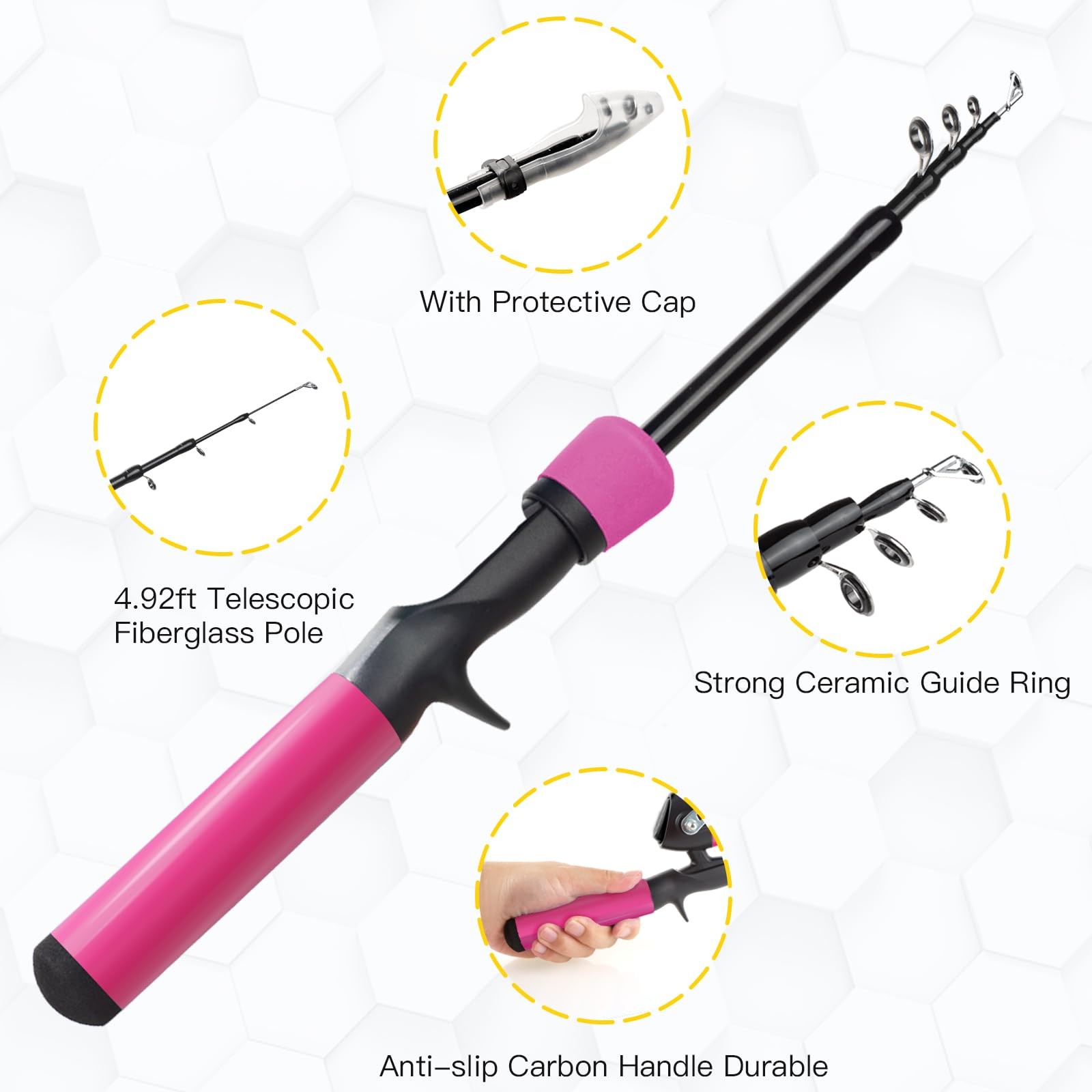 Kids Fishing Pole Kit, 59” Telescopic Rod and Reel Beginner Combo with Pink
