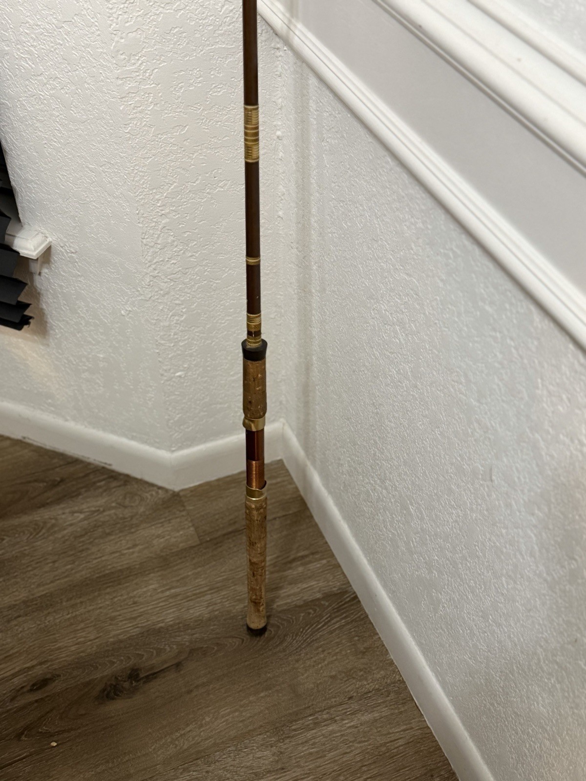 Vintage Abu Garcia 7’6” One Piece Fishing Rod Cork Handle Brown Fiberglass