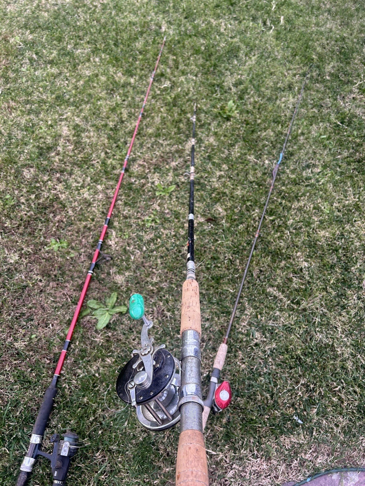 One spinning rail, one deep sea real, and one bait caster comes with a rod